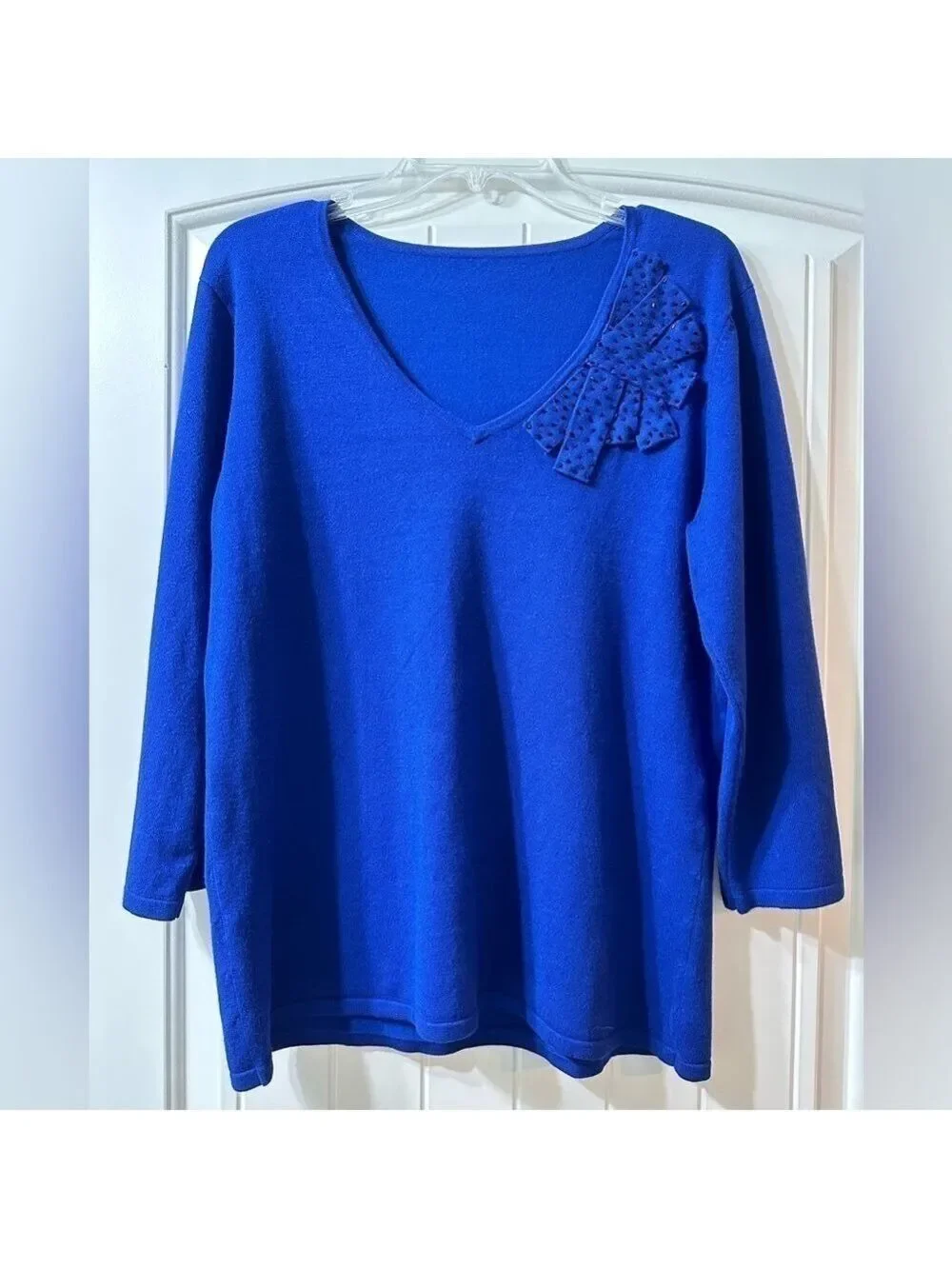 Blue Scooped V neck 3/4 Sleeve Sweater Beaded appliqué type design front left